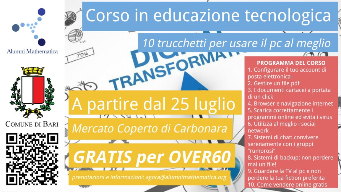 Locandina del corso in Educazione Tecnologia organizzato a Bari da Alumni Mathematica