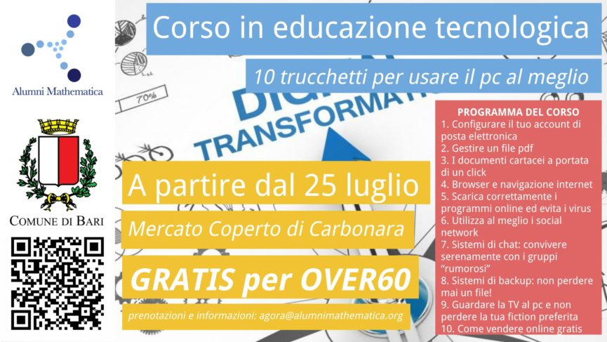 Locandina del corso in Educazione Tecnologia organizzato a Bari da Alumni Mathematica