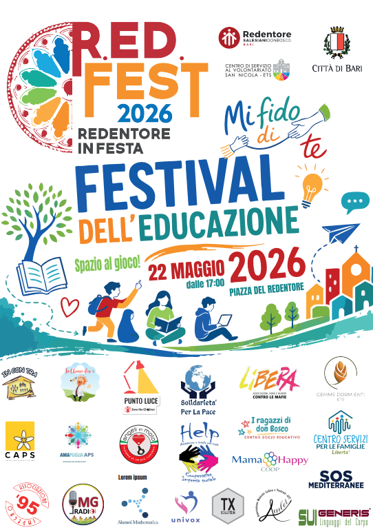 Locandina del RED FEST 2026, Festival dell’Educazione in programma il 22 maggio 2026 in Piazza del Redentore a Bari, con la partecipazione di Alumni Mathematica.