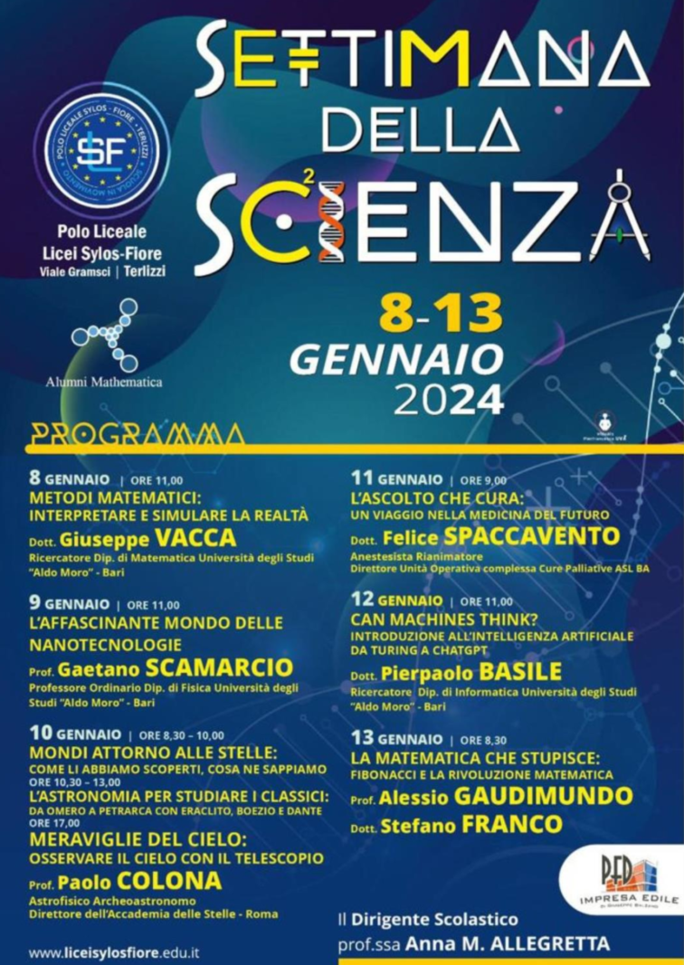 Locandina della Settimana della Scienza 2024 del Polo Liceale Sylos Fiore di Terlizzi, con la partecipazione di Alumni Mathematica all’incontro su Fibonacci e matematica.